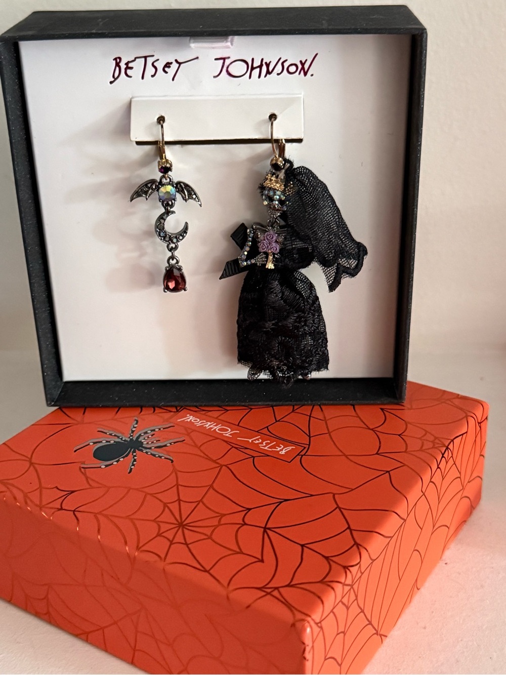 Betsey Johnson earrings. Halloween Dead Skull Bride And Bling Bat with Moon NIB